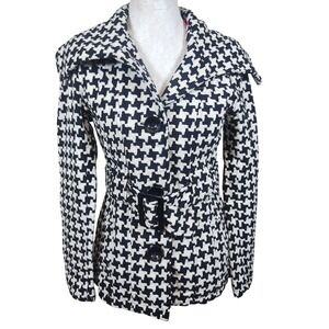Me Jane Houndstooth Belted Peacoat‎ Jacket Black White Lined Winter Coat Small